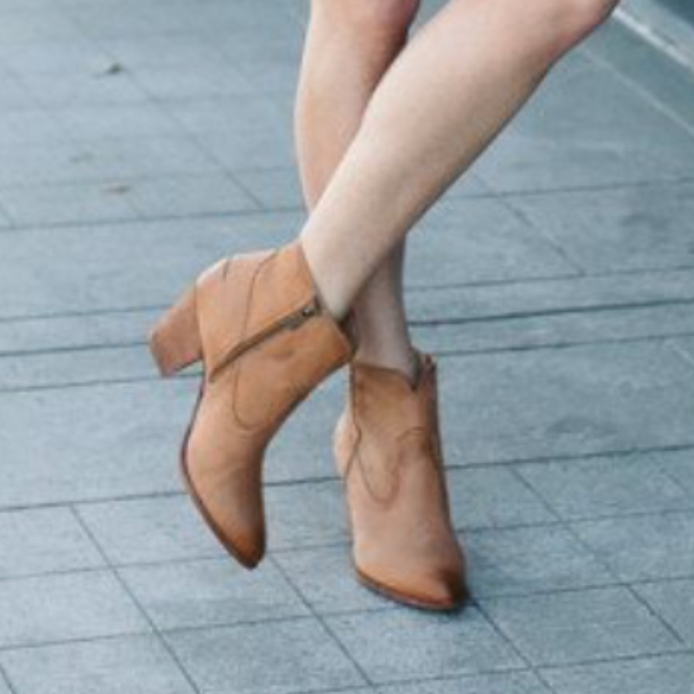 Frye Reina Tan Ankle Booties with Stacked Heel and leather Finish